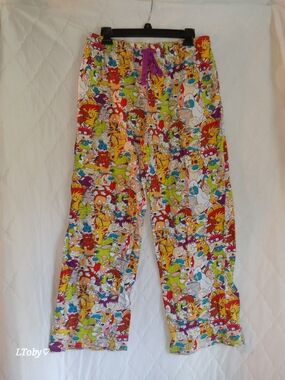 Y2K Nickelodeon Multicolor Cartoon-Print Pajama Pants with Purple Drawstring